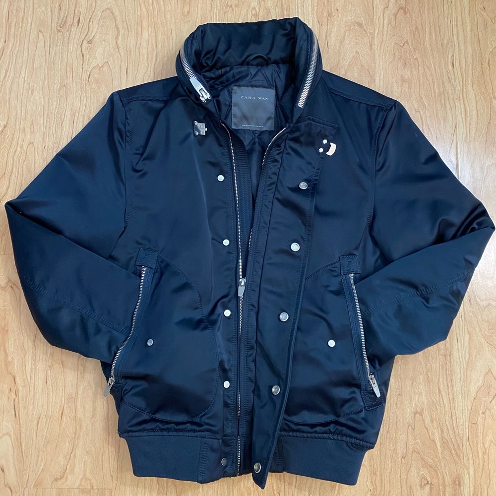 Zara mens navy blue bomber jacket